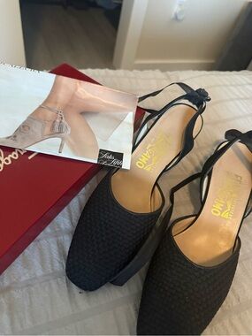 Salvatore Ferragamo Black Woven Slingback Mules